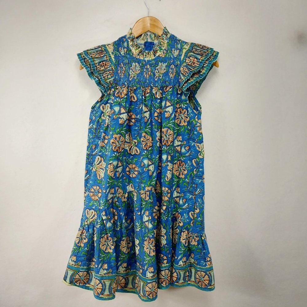 Love the Label Anthropologie Dress XXS Blue Mini Floral Boho Smocked Ruffle